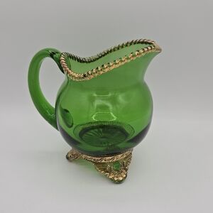 Vintage EAPG US Glass‎ Green Colorado Lacy Medallion Footed Creamer Collectible